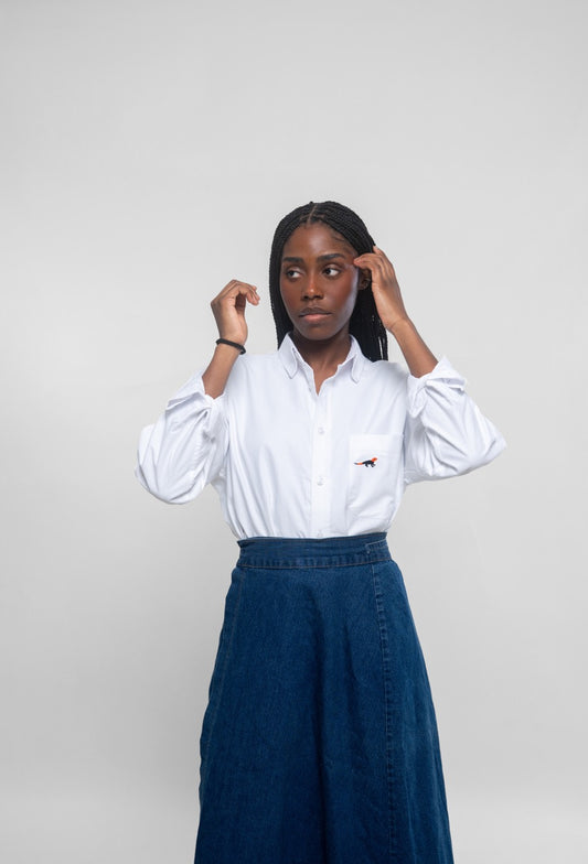 Chemise Unisexe en Oxford - Blanche avec broderie Margouillat tête rouge