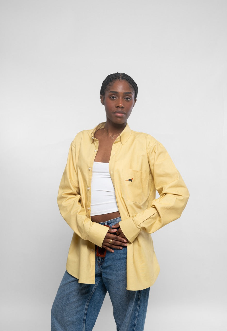 Chemise Unisexe en Oxford - Jaune moutarde broderie margouillat tête rouge