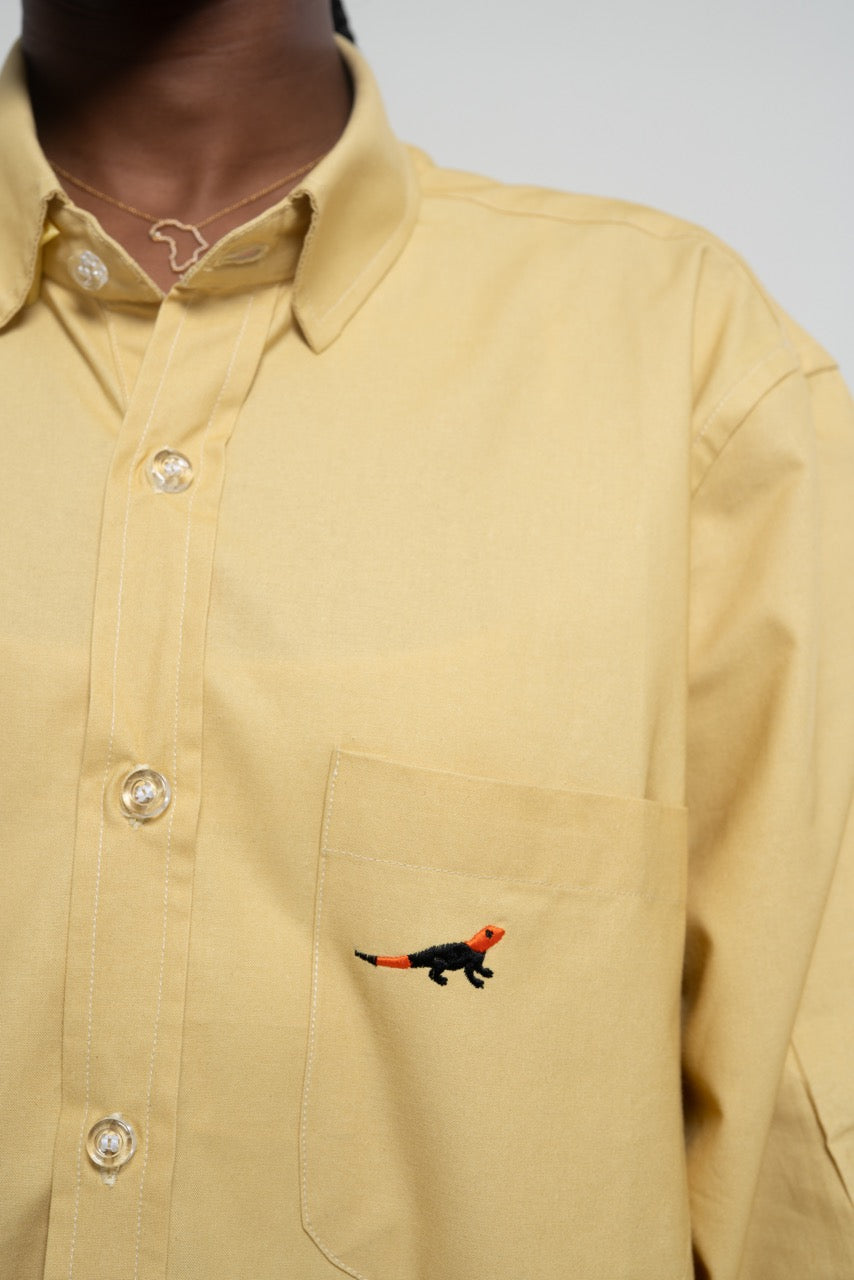 Chemise Unisexe en Oxford - Jaune moutarde broderie margouillat tête rouge