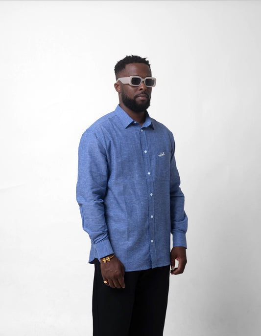Chemise Unisexe en lin – Bleu avec broderie Lêkê